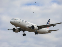 Air France Airbus A320 commercial aircraft as seen landing in London Heathrow Airport. The passenger airplane has the registration F-HEPA an...