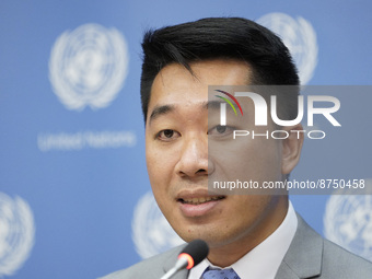 Phongsavath Mahathilath from Lao Peoples Democratic Republic with Hope for Presidents General Assembly briefs the press at the United Nation...