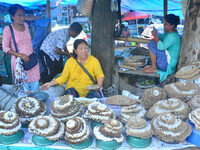 Naga Women vendor sales Bee Larva, a delicacy food for the Nagas, at a daily market in Dimapur, India north eastern state of Nagaland on Wed...