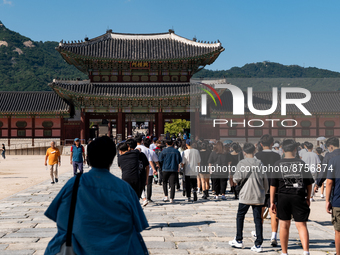 High school students enter Gyeongbokgung Palace for a school trip on September 1st, 2022 in Seoul, South Korea. The government will suspend...