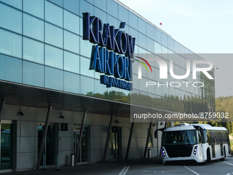 Krakow Airport Logo is seen on the the airport building in Balice near Krakow, Poland on September 1, 2022. (