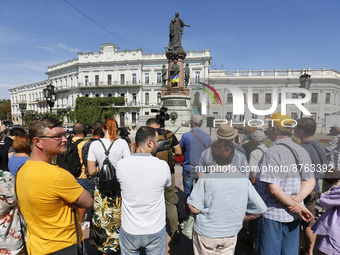 Ukrainian activists take part at a rally with demand to remove the monument to the Empress of Russia Catherine II which is installed in the...