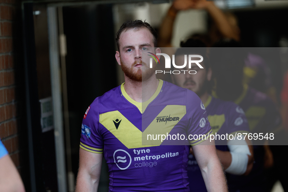 Josh Woods of Newcastle Thunder leads out his side for the BETFRED Championship match between Newcastle Thunder and York City Knights at Kin...