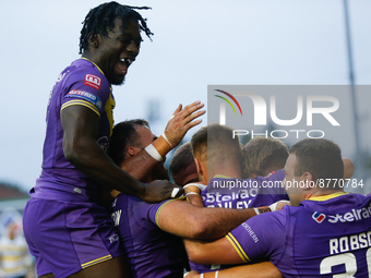 Gideon Boafo (left) of Newcastle Thunder  runs in to congratulate Nathan Wilde on his first half try during the BETFRED Championship match b...