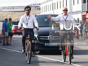 FIA President Mohammed bin Sulayem
rides a bike before the Formula 1 Grand Prix of The Netherlands at Zandvoort circuit in Zandvoort, Nether...