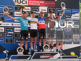 The podium of UCI Mountain Bike World Cup - Val di Sole 2022 - Elite Men olympic cross-country race category - September 4, 2022. Italy (