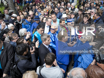 French cabaret director, Michel Georges Alfred Catty a.k.a Michou arrival in the Michou Day flashMob in Paris, with a blue dresscode, on Apr...