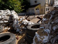 Sand bags and barbed wire are seen in front of a house in residential area  in a famous Black Sea resort in  Odessa, Ukraine on September 5,...