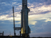 SpaceX’s current orbital class Starship prototype is seen at dawn on September 7th, 2021 at the companies South Texas facility near Brownsvi...