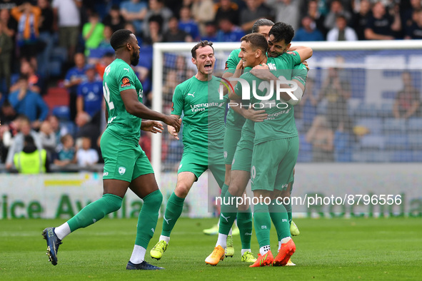 Joe Quigley of Chesterfield Football Club celebrates scoring his side's first goal of the game during the Vanarama National League match bet...