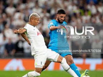 Richarlison of Tottenham battle for the ball during the UEFA Champions League match between Tottenham Hotspur and Olympique de Marseille at...