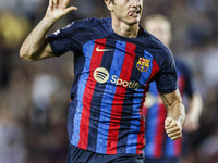 09 Robert Lewandowski of FC Barcelona celebrates after scoring a goal his hattrick during the UEFA Champions League match of Group C between...