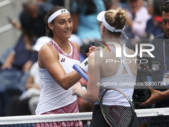 Caroline Garcia of France salutes Alison Riske of USA after her victory during day 7 of the US Open 2022, 4th Grand Slam tennis tournament o...