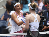 Caroline Garcia of France salutes Alison Riske of USA after her victory during day 7 of the US Open 2022, 4th Grand Slam tennis tournament o...