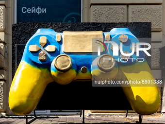 Blue and yellow giant Xbox controller is seen in the centre of a famous Black Sea resort of Odessa, Ukraine on Septembre 7, 2022. Ukrainian...