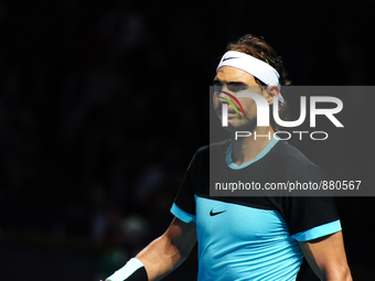 Rafael Nadal during a match against Richard Gasquet (FRA) in the semi finals of the Swiss Indoors at St. Jakobshalle in Basel, Switzerland o...