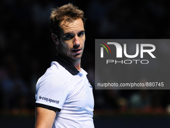 Richard Gasquet (FRA) during a match against Rafael Nadal in the semi finals of the Swiss Indoors at St. Jakobshalle in Basel, Switzerland o...