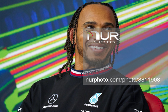 Lewis Hamilton driving the (44) Mercedes-AMG Petronas F1 Team W13 during the driver press conference of F1 Grand Prix of Italy at Autodromo...