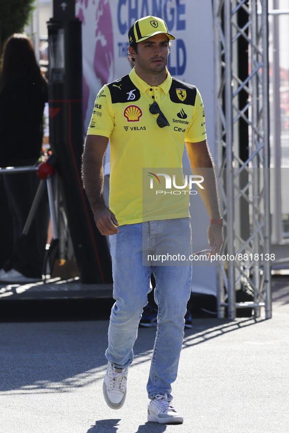 Carlos Sainz of Scudera Ferrari arrives at the Formula 1 Italian Grand Prix practice three at Circuit Monza, on September 10, 2022 in Monza,...