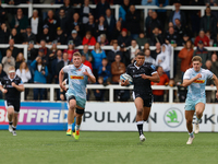 Nathan Earle Of Newcastle Falcons intercepts and sprints in to score during the Gallagher Premiership match between Newcastle Falcons and Ha...