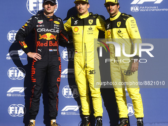 Max Verstappen of Red Bull Racing, Charles Leclerc and Carlos Sainz of Scudera Ferrari after taking pole position by Leclerc during the Form...
