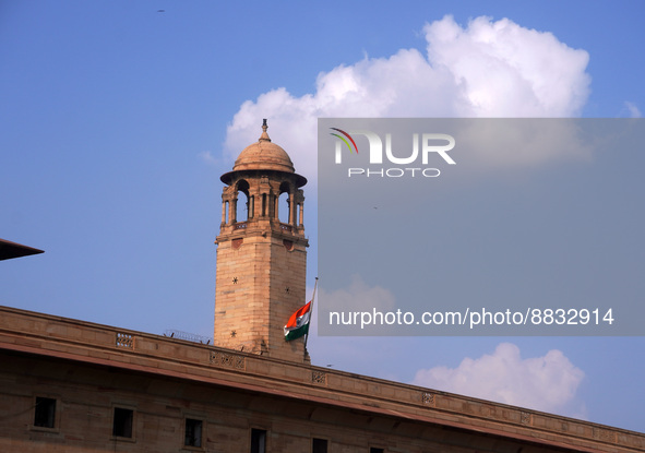 The Indian national flag flies half-mast at North Block, as India observes one-day state mourning following the death of Queen Elizabeth II,...