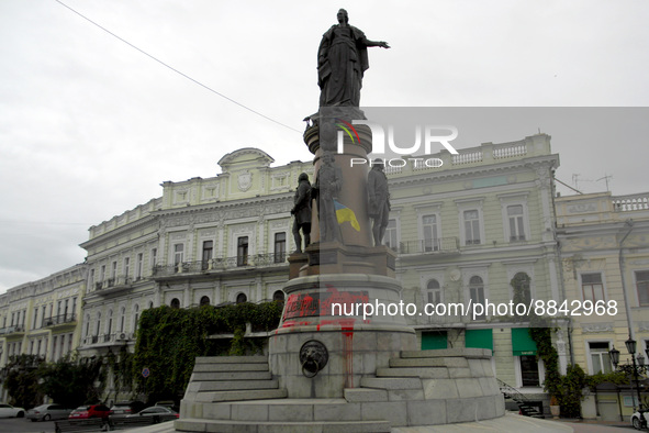 ODESA, UKRAINE - SEPTEMBER 13, 2022 - The To the Founders of Odesa monument that has the statue of Catherine II as its key figure is stained...