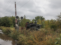 A Russian armored personnel carrier, destroyed and abandoned near the road near Balakliya, Kharkiv region, on September 13, 2022. (