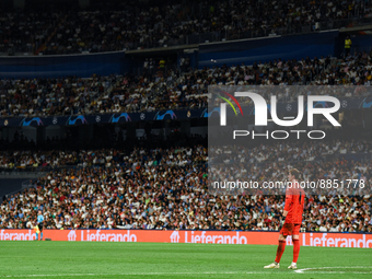 Thibaut Courtois during UEFA Champions League match between Real Madrid and RB Leipzig at Estadio Santiago Bernabeu on September 14, 2022 in...