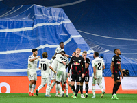 Federico Valverde, Antonio Rudiger, Rodrygo, Nacho, Vinicius Junior, Marco Asensio and Luka Modric celebrates a goal during UEFA Champions L...