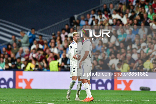 Marco Asensio and Federico Valverde celebrates a goal during UEFA Champions League match between Real Madrid and RB Leipzig at Estadio Santi...