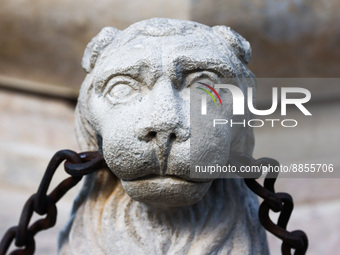 Detail depicting a lion at the Contarini Fountain which stands in the center of Piazza Vecchia, in the heart of the historic center of Citta...