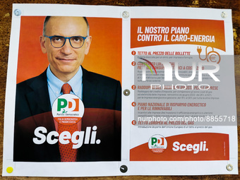 An electoral poster of Enrico Letta, the leader of the Democratic Party, is seen ahead of election on September 25. Bergamo, Lombardy region...