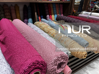 Rolls of fabric at a textile shop in Thiruvananthapuram, Kerala, India, on May 22, 2022. (
