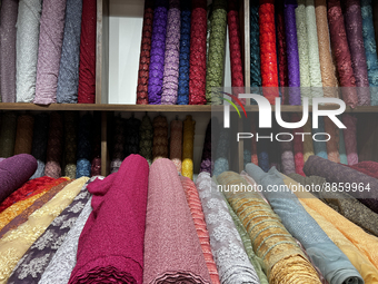 Rolls of fabric at a textile shop in Thiruvananthapuram, Kerala, India, on May 22, 2022. (