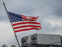 USA flag on the wind on board the Wasp-class amphibious assault ship of the United States Navy USS Kearsarge is seen in Gdynia, Poland on 17...