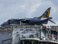 AV-8B Harrier jet serving in the Marine Attack Squadron 542 on board the Wasp-class amphibious assault ship of the United States Navy USS Ke...