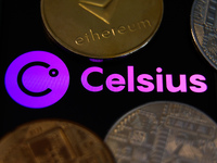 Celsius logo displayed on a phone screen and representation of cryptocurrencies are seen in this illustration photo taken in Krakow, Poland...