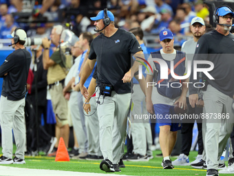 Head coach Dan Campbell of the Detroit Lions walks on the sidelines during an NFL football game between the Detroit Lions and the Washington...