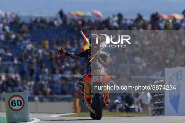 Pedro Acosta (51) of Spain and Red Bull KTM Ajo celebrates victory after the race of Gran Premio Animoca Brands de Aragon at Motorland Arago...