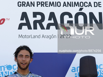 Enea Bastianini (23) of Italy and Gresini Racing MotoGP celebrates victory after the race of Gran Premio Animoca Brands de Aragon at Motorla...