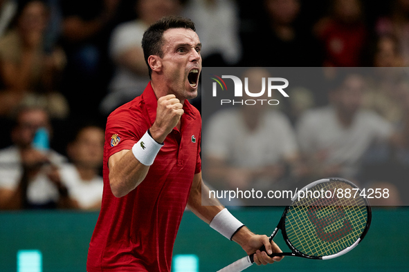 Roberto Bautista Agut of Spain celebrates against Seong Chan Hong ic of Korea during the Davis Cup Finals Group B Stage Men's Singles match...