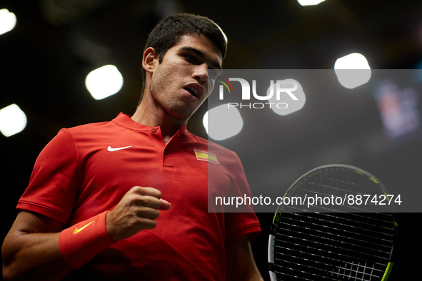 Carlos Alcaraz of Spain celebrates against Soonwoo Kwon of Republic of Korea during the Davis Cup Finals Group B Stage Men's Singles match b...