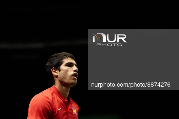 Carlos Alcaraz of Spain looks on as he plays against Soonwoo Kwon of Republic of Korea during the Davis Cup Finals Group B Stage Men's Singl...