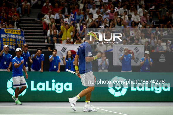 Soonwoo Kwon of Republic of Korea celebrates as he plays against Carlos Alcaraz of Spain during the Davis Cup Finals Group B Stage Men's Sin...
