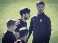 Mialem Pjanic, AS Roma's player, warm up during a training session, on the eve of the team's Champions League football match against Bayer L...