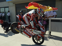 Izan Guevara (28) of Spain and Gaviota Gasgas Aspar Team celebrates victory after the race of Gran Premio Animoca Brands de Aragon at Motorl...