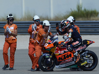 Pedro Acosta (51) of Spain and Red Bull KTM Ajo celebrates victory after the race of Gran Premio Animoca Brands de Aragon at Motorland Arago...
