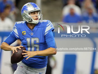 Quarterback Jared Goff (16) of the Detroit Lions goes to pass the ball during an NFL football game between the Detroit Lions and the Washing...