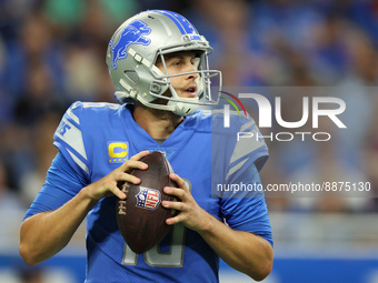 Quarterback Jared Goff (16) of the Detroit Lions looks to pass the ball during an NFL football game between the Detroit Lions and the Washin...